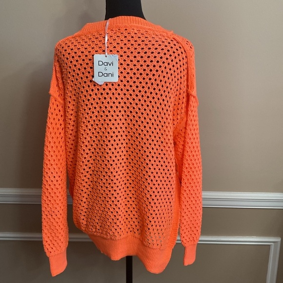 Davi & Dani Open Knit Drop Shoulder Sweater Neon Orange Small NWT - Picture 5 of 11